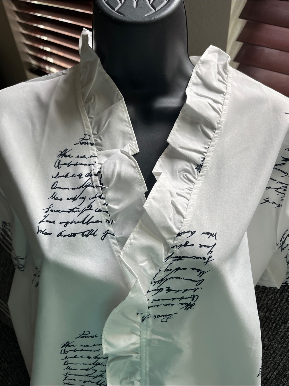 White Ruffle Front Script silky Print Blouse. - Picture 3 of 4